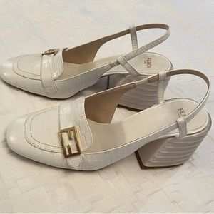 Fendi Womens Size 36.5 White Slingback Heel Crocodile  Logo Leather